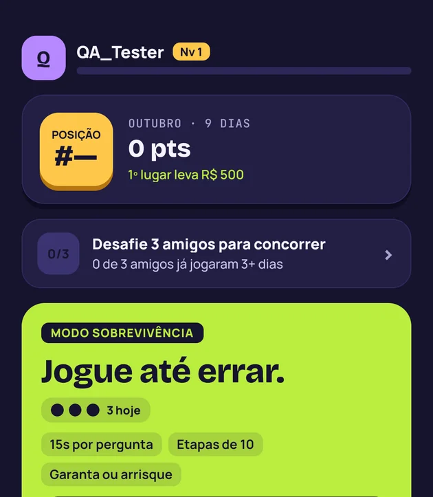 Tela inicial do Na Lata com pontos do mês e modo sobrevivência