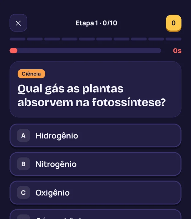 Pergunta em andamento com cronômetro e 4 alternativas